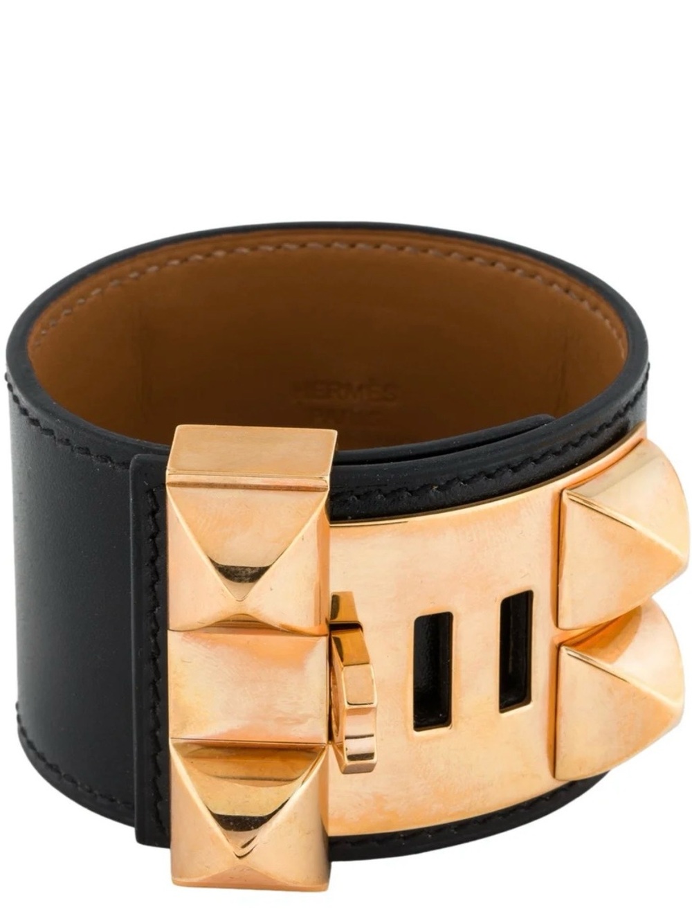 Hermes Black Leather Collier de Chien Wide Bracelet with Gold Hardware